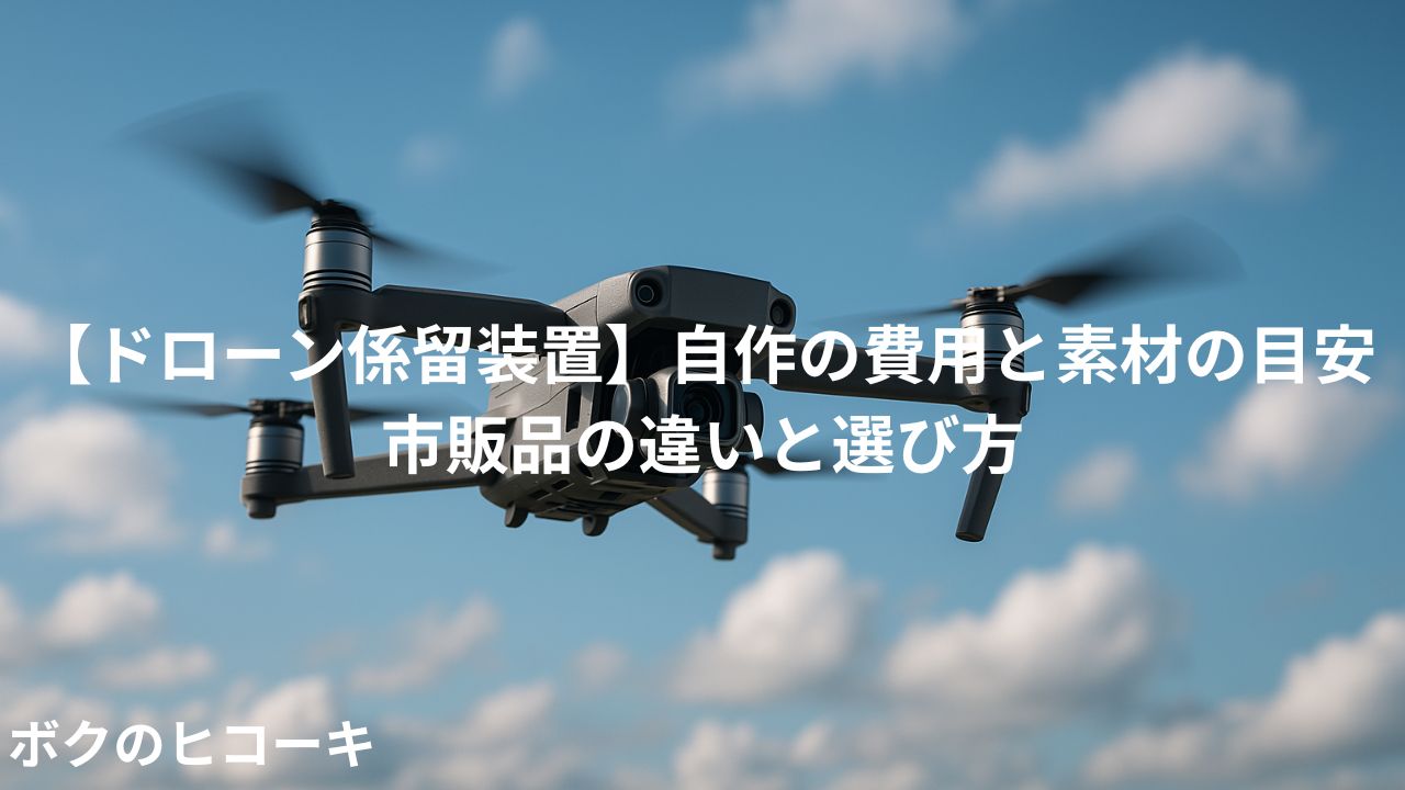 飛行中のドローンとタイトル文字