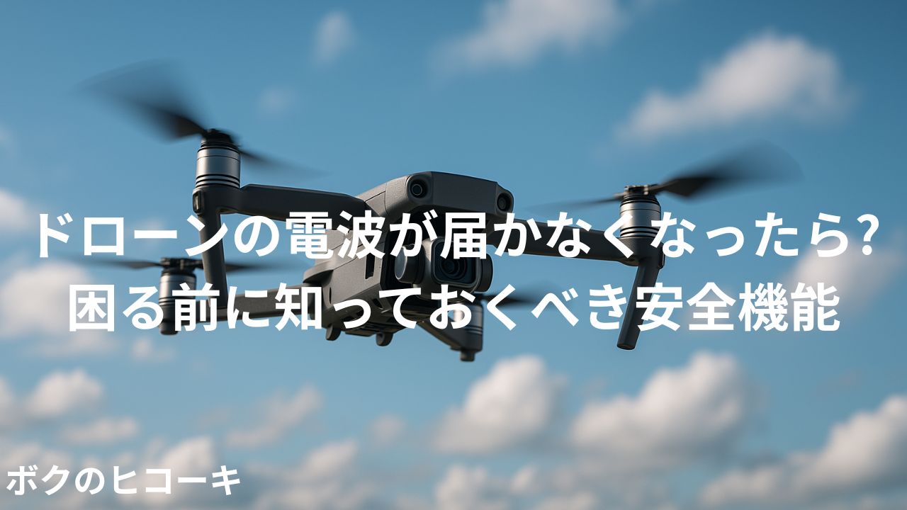 飛行中のドローンとタイトル文字