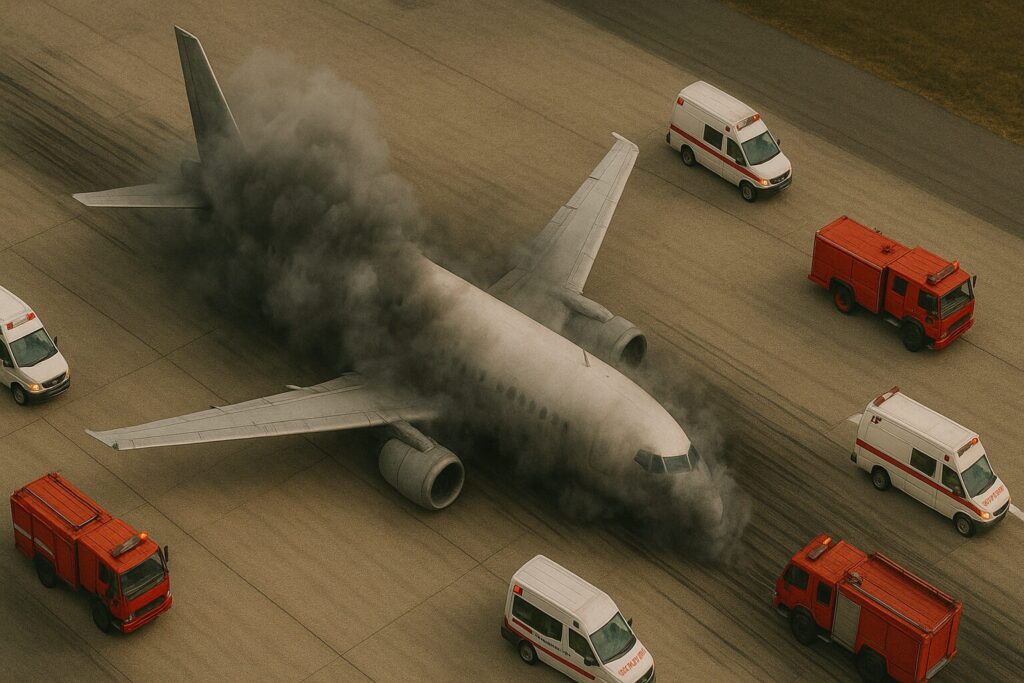 胴体着陸した旅客機に集まる救急車と消防車を俯瞰で見た画像