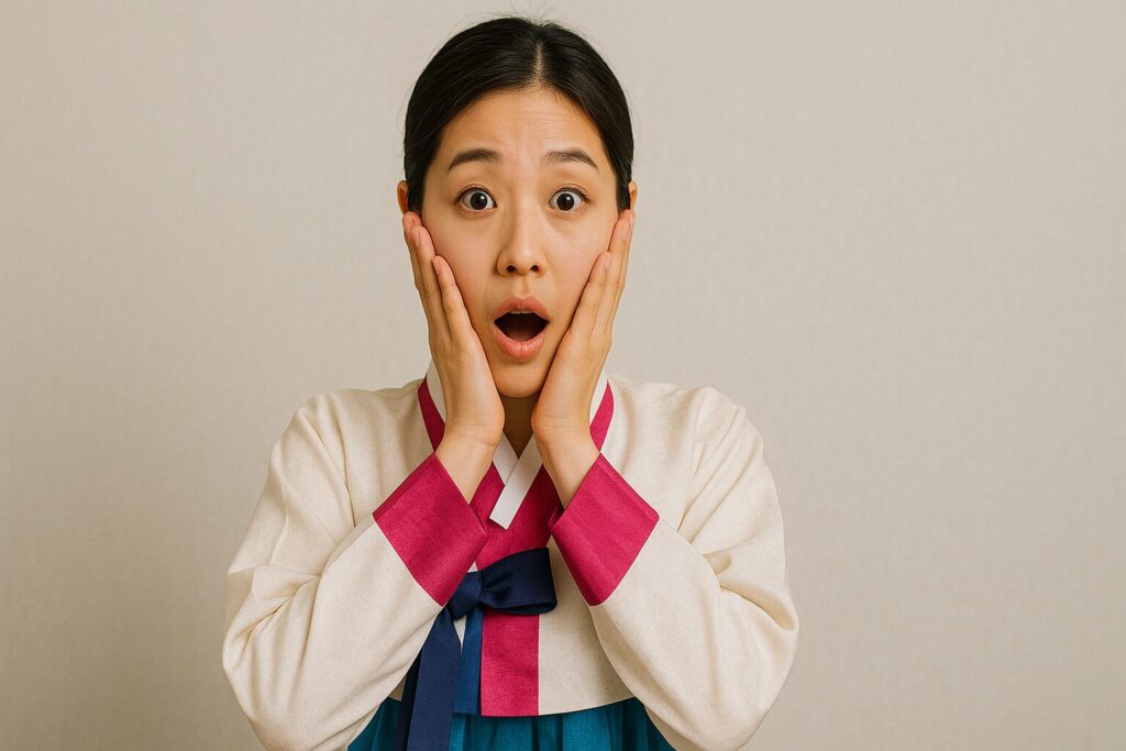 両手を頬にあてて驚くチマチョゴリをきた若い女性CA