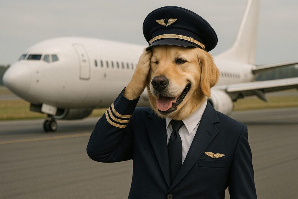 胴体着陸をした飛行機を背景に、頭に手を当てて照れ笑いするレトリバーのパイロット