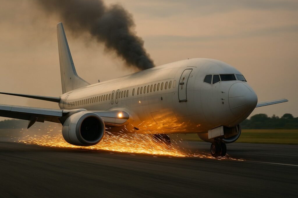 胴体着陸で火花をあげて滑走して来る旅客機