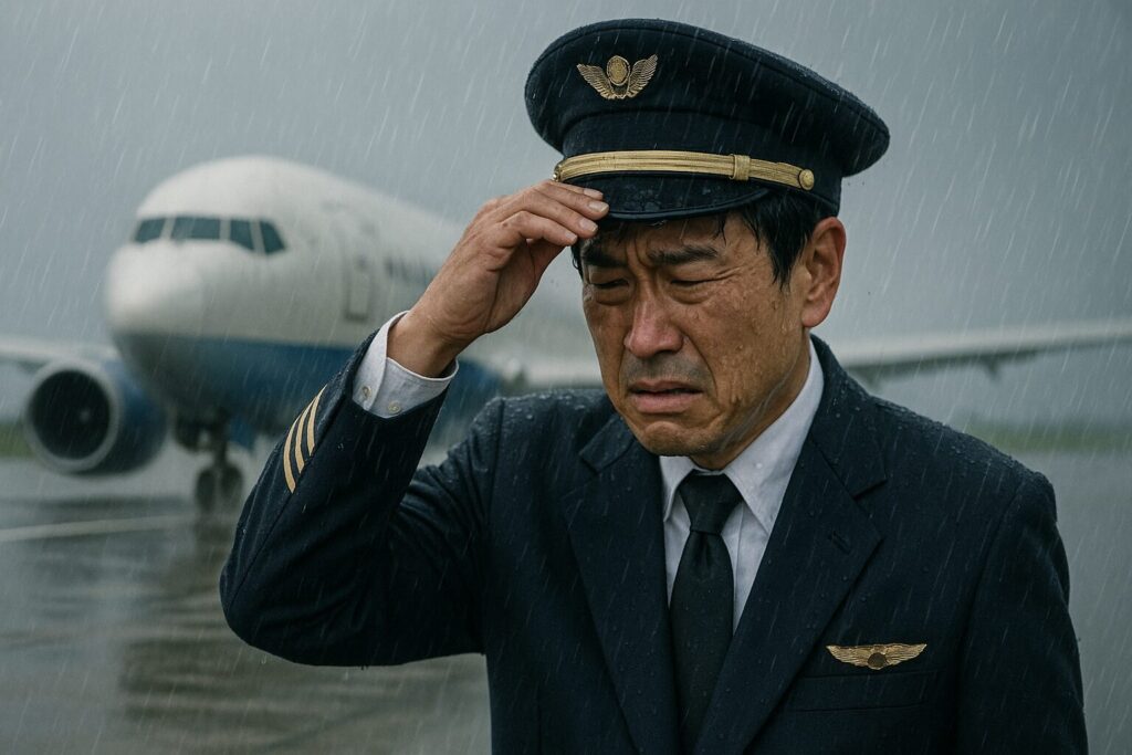 旅客機を背景に、雨と風に顔をくもらせる日本人の機長