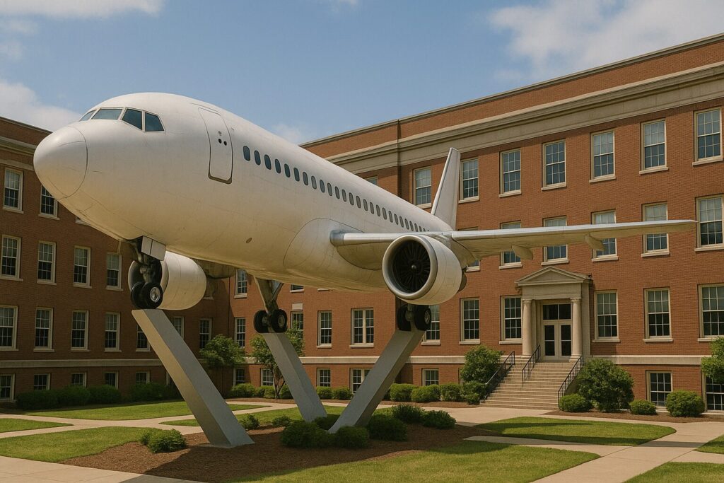 巨大な旅客機のオブジェがある大学の校舎