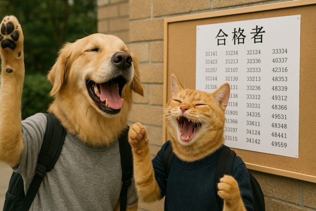 合格発表の掲示板を見て、大喜びするレトリバーや猫の学生たち