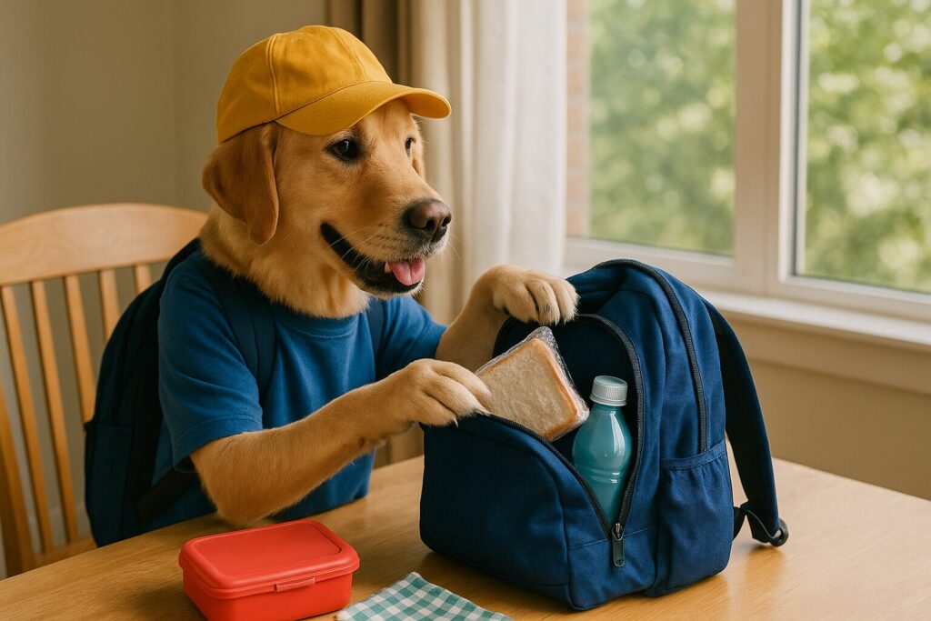 リュックサックに遠足の荷物を詰めるレトリバーの小学生