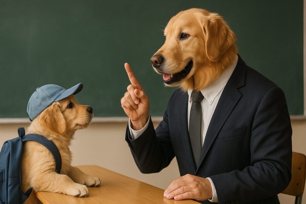 子犬の小学生に、人差し指を立てて教えるレトリバーの先生