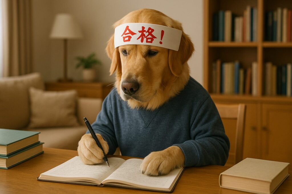 「合格!」と書かれた鉢巻きをして、受験勉強をするレトリバーの受験生