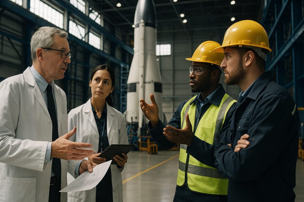 ロケットの開発現場で討論する科学者と作業員