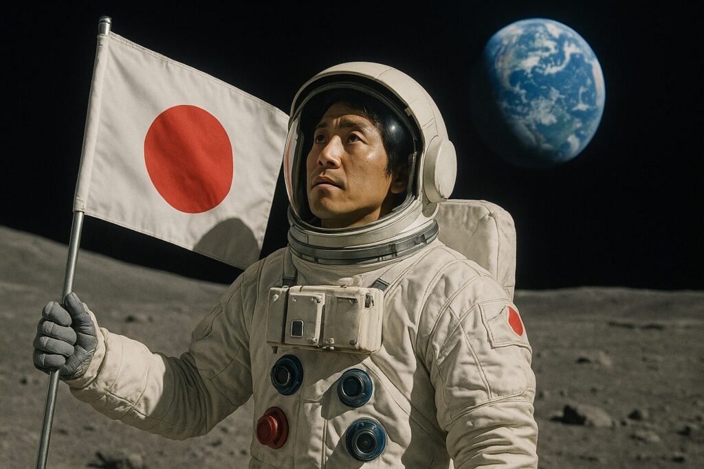 日の丸の旗を持って月を見上げる日本人の宇宙飛行士