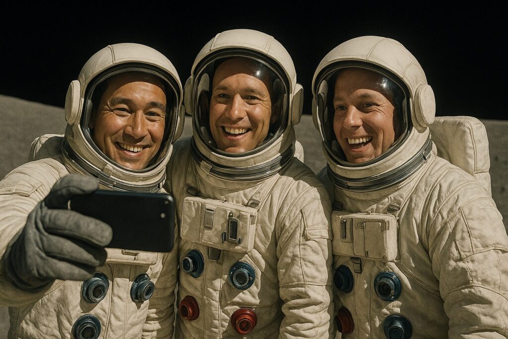 月面で自撮り写真を撮る3人の宇宙飛行士