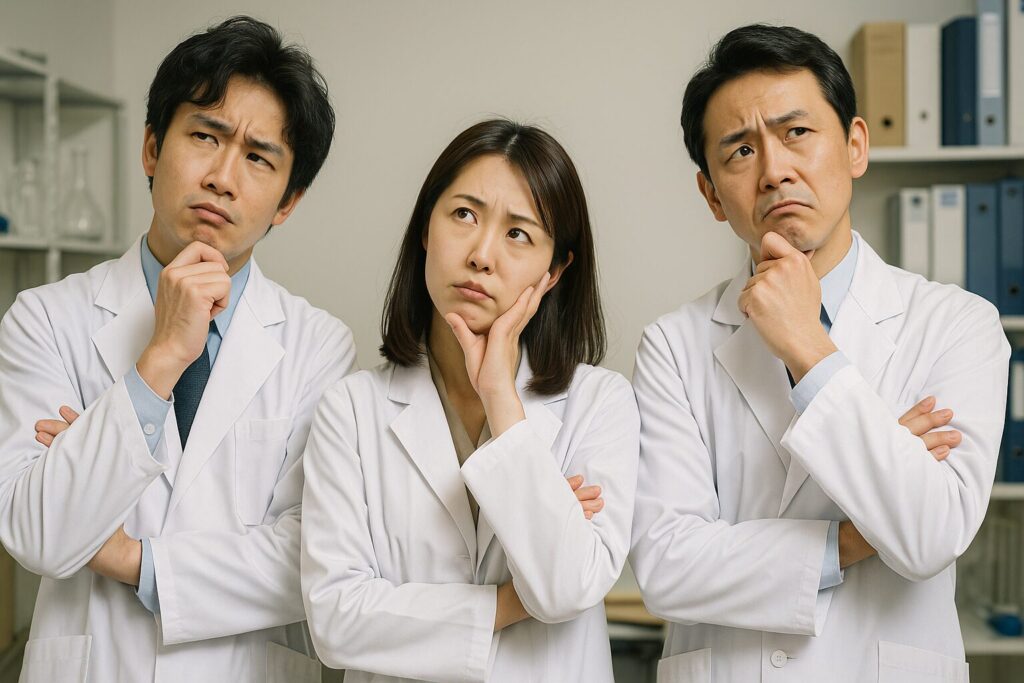 腕を組み、首をかしげて悩む日本人男女3人の科学者