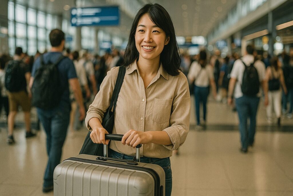 混雑した空港内で、大きなキャリーケースを運ぶ、日本人の女性観光客