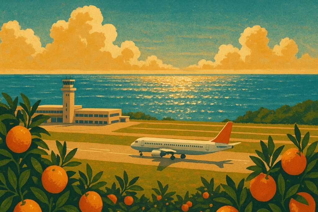 ミカン畑から見下ろす空港と、その向こうに広がるキラキラと輝く海