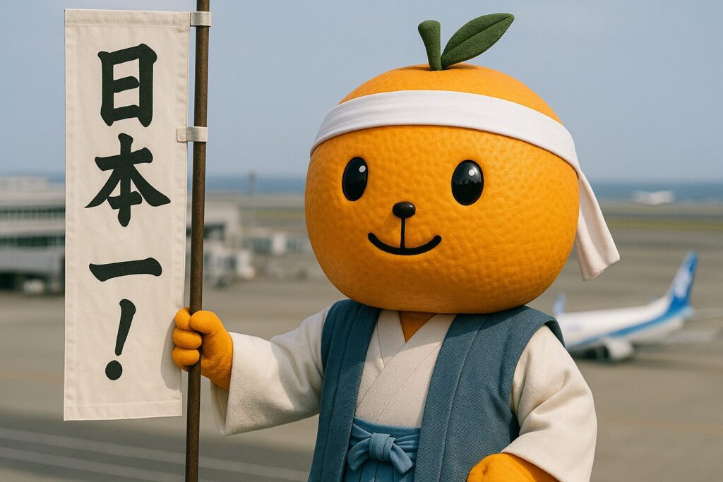 縦書きで「日本一!」と書かれたのぼりを掲げる、桃太郎をパクったみかん太郎