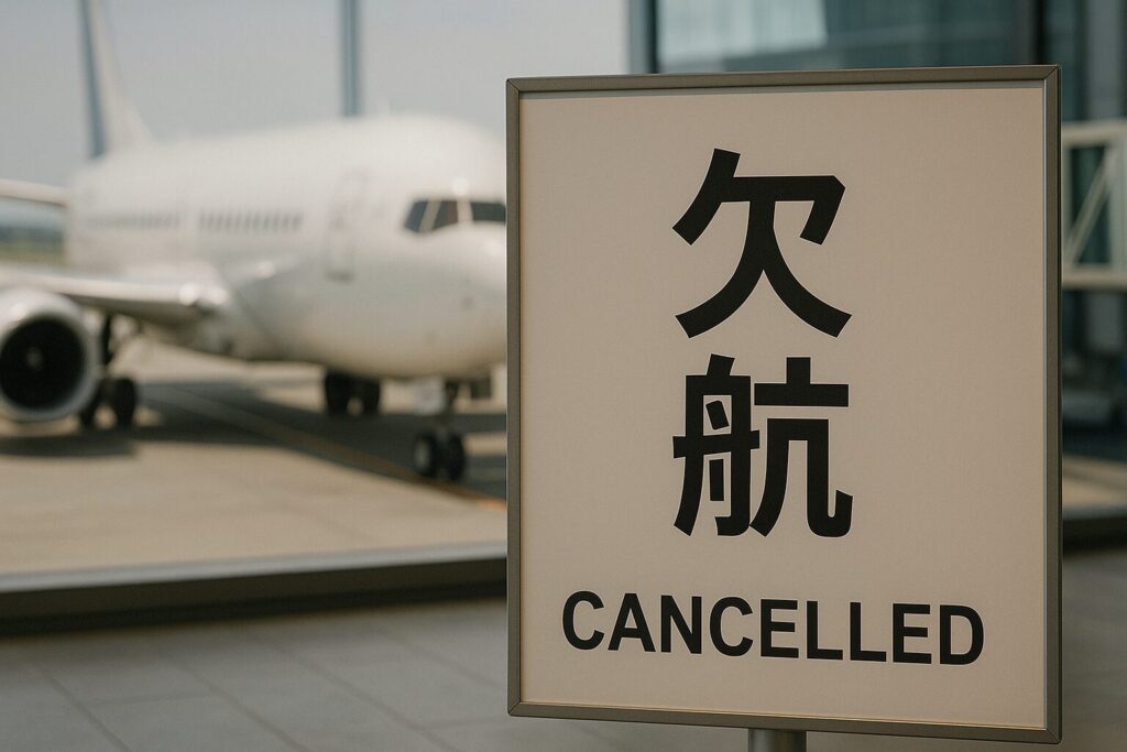 旅客機の搭乗口に置かれている「欠航」の看板