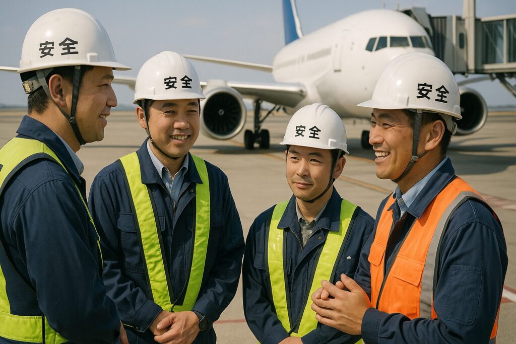 「安全」と書かれたヘルメットを着けて、現場で立ち話をする空港職員たち