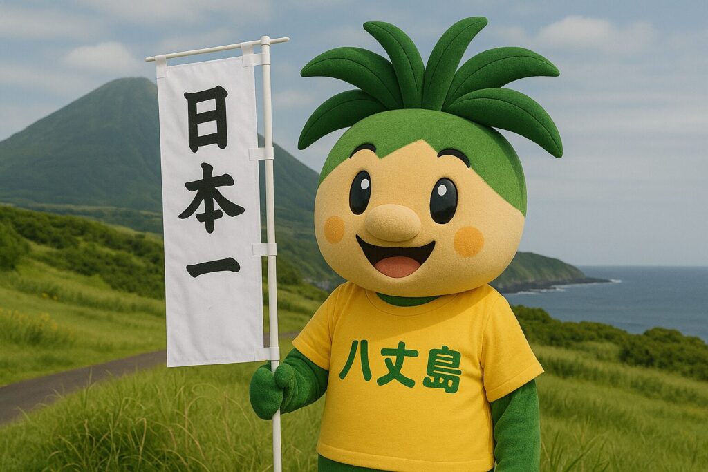 「日本一」ののぼりを掲げる八丈島のゆるキャラ