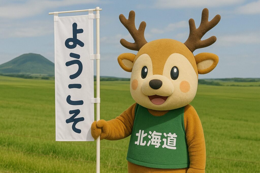 広大な草原を背景に、「ようこそ」と書かれたのぼりを掲げる、北海道のゆるキャラ