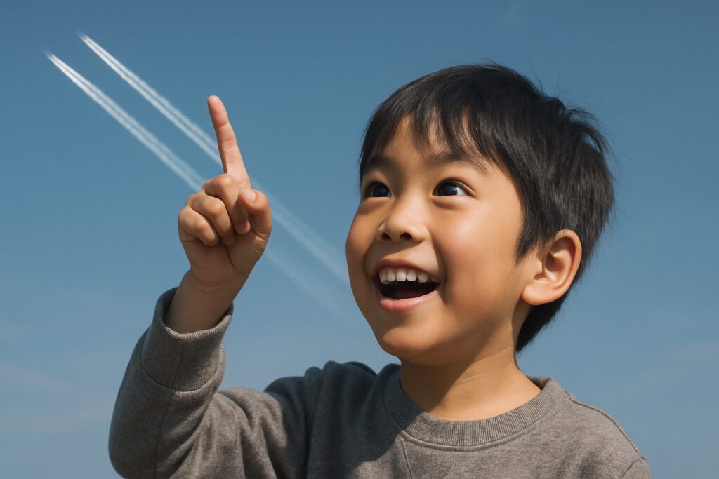 2本の飛行機雲を指差して目を輝かせる日本人の少年