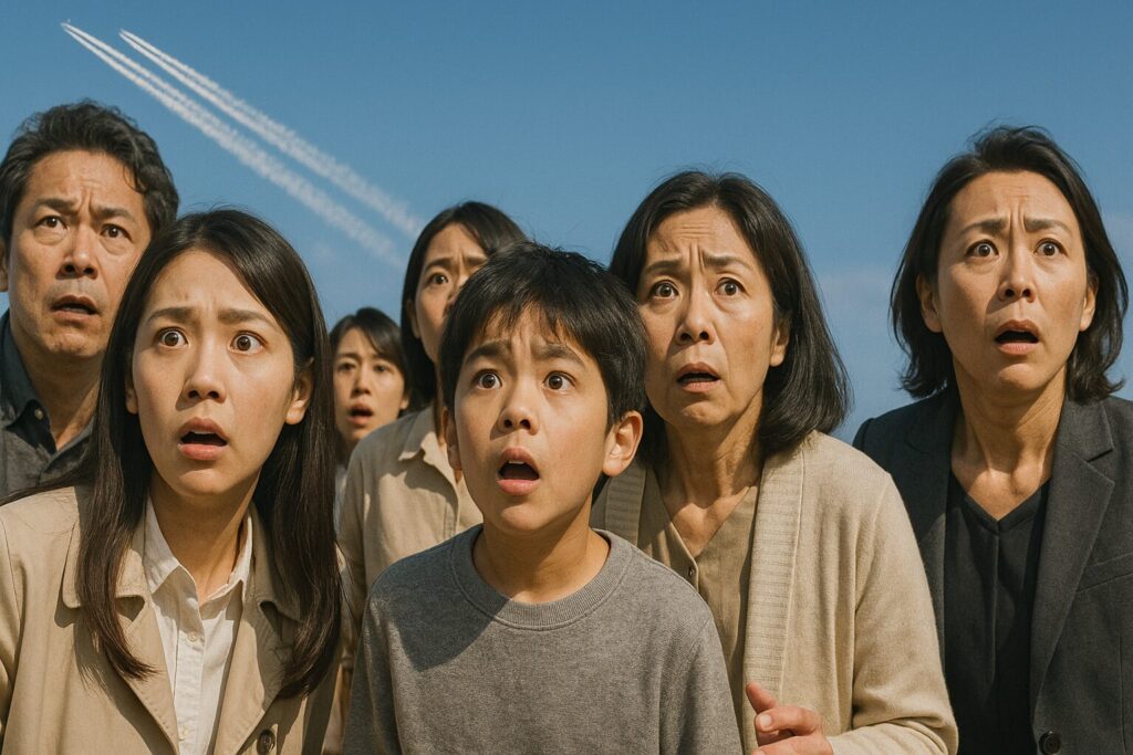 飛行機雲を背景に、驚いた表情の人々