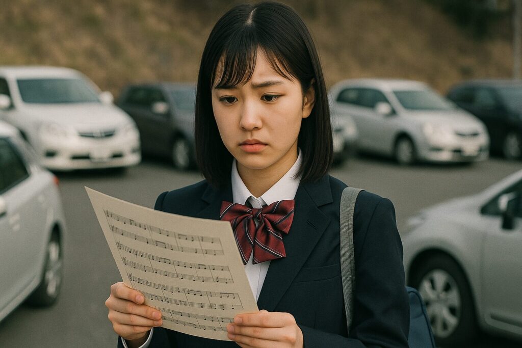 楽譜を見て怪訝な表情の女子高生