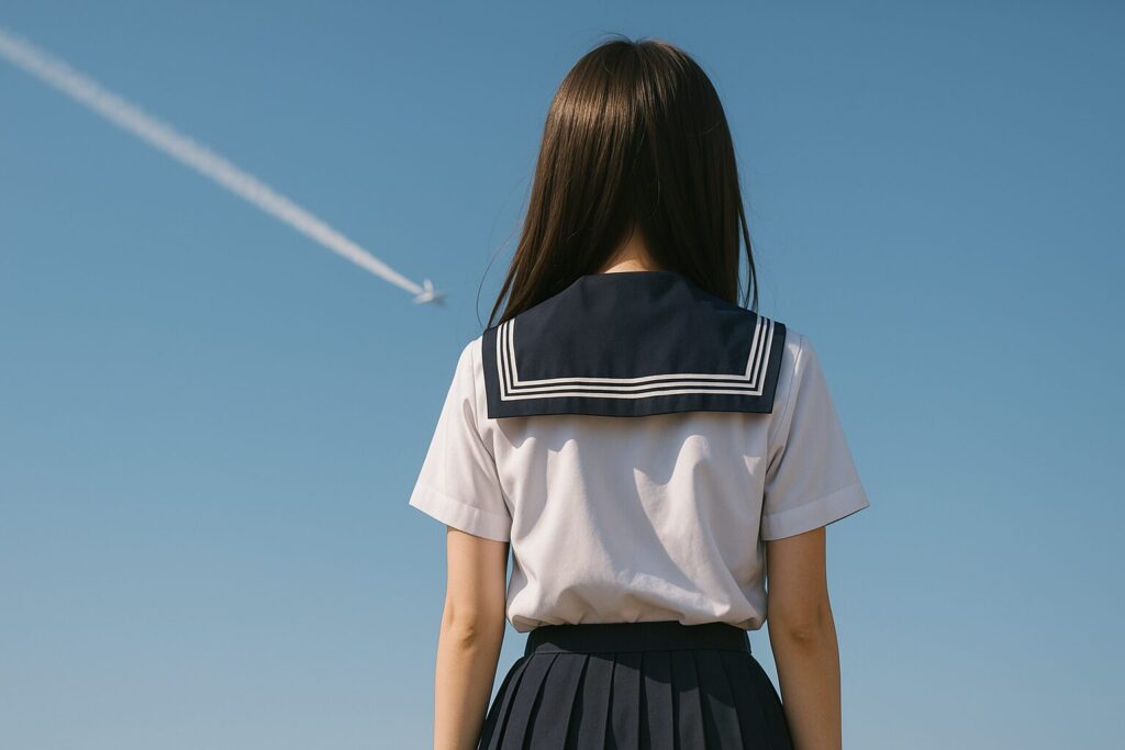 飛行機雲を背景に立つ女子高生の後ろ姿