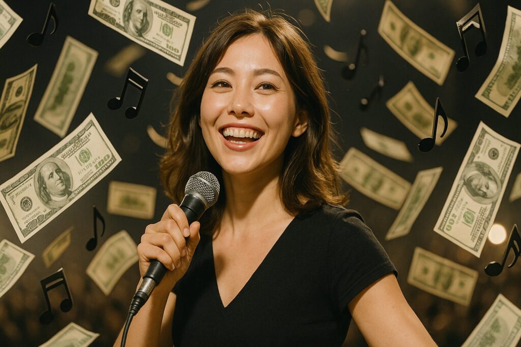 笑顔の女性歌手に大量のお金と♪が降りそそぐ