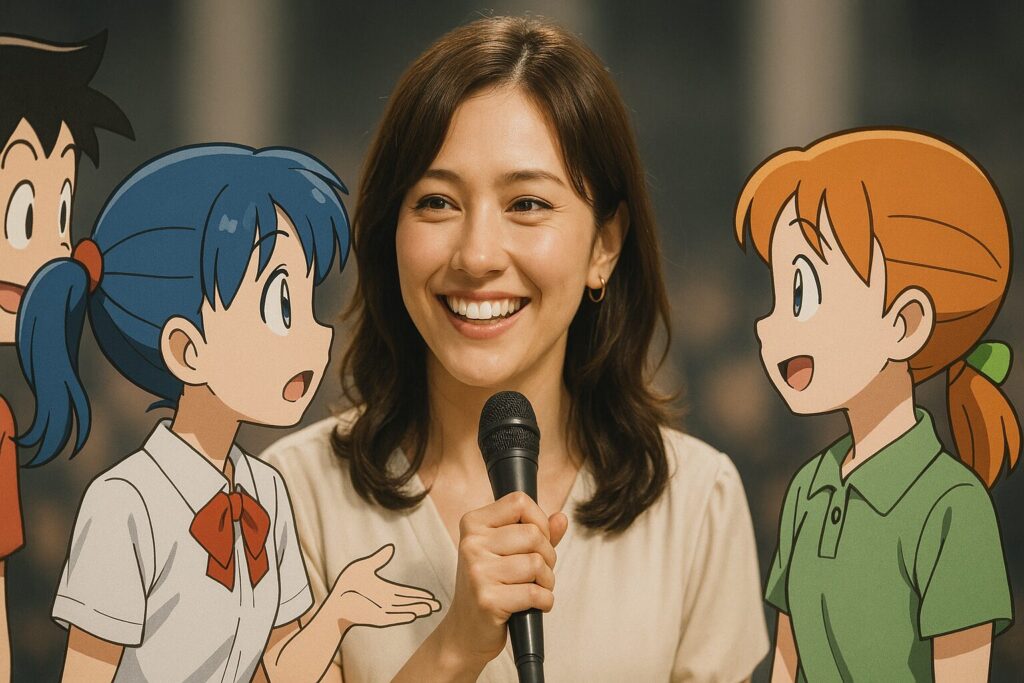 笑顔の女性歌手と会話するアニメのキャラクターたち