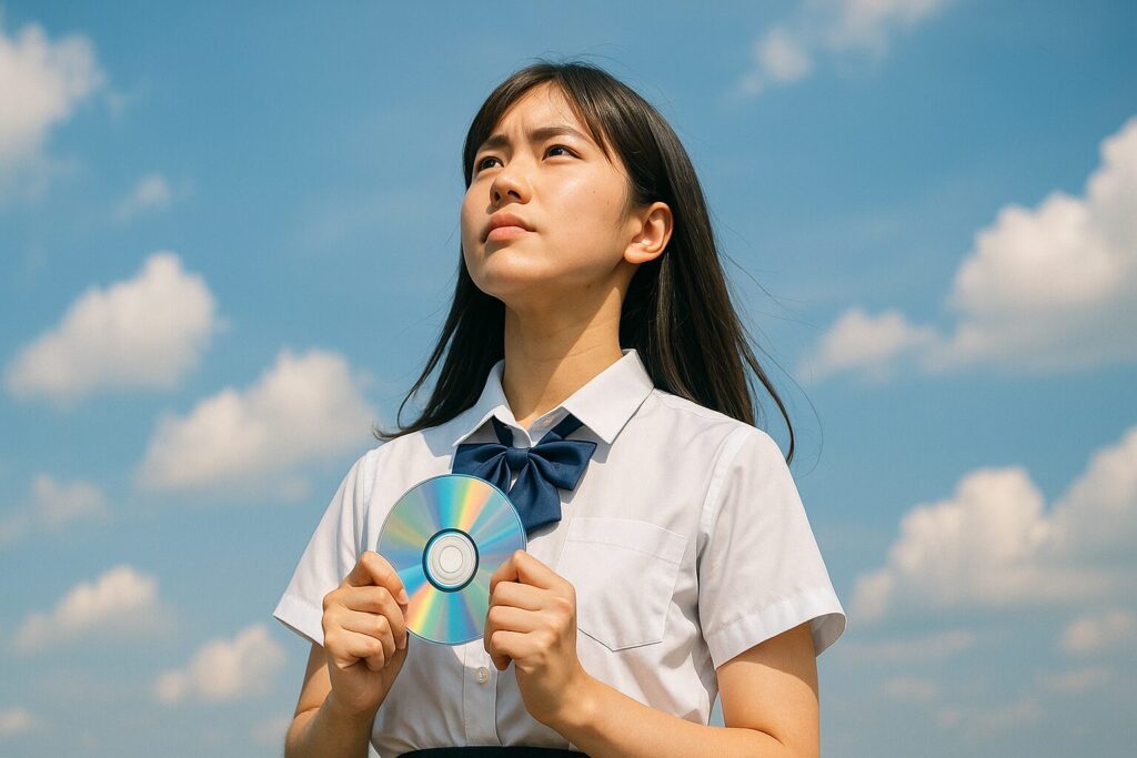CDを持って空を見上げる女子高生