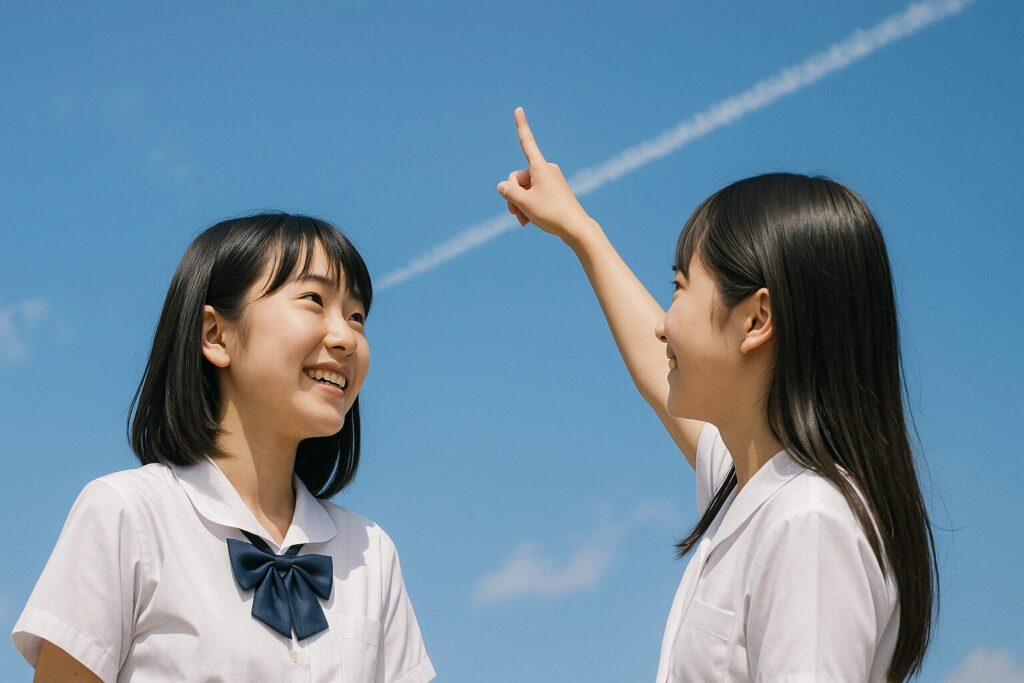 青い空を走る飛行機雲を指さす、2人の日本人少女たち
