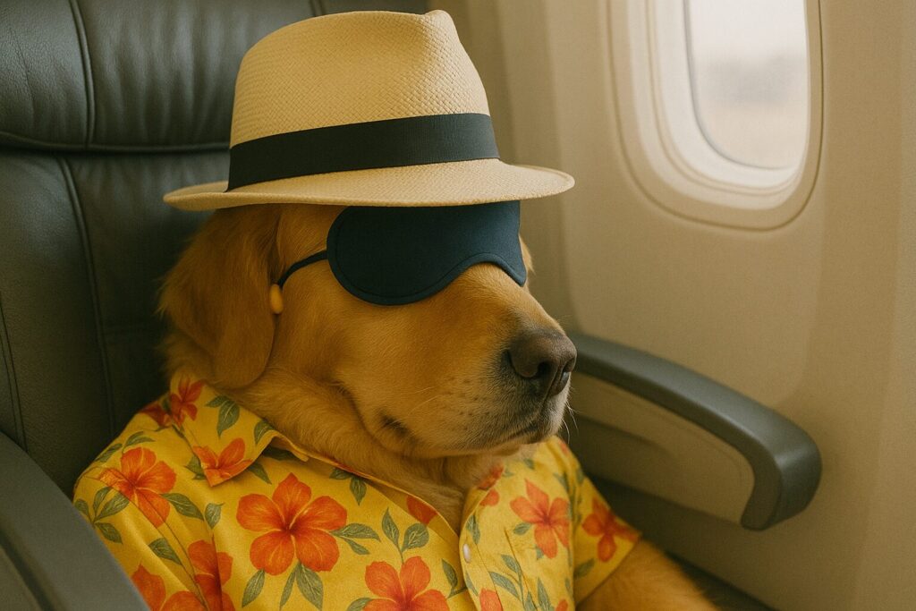 旅客機の座席で、アイマスクと耳栓を付けて快眠する、アロハとサングラスのレトリバー