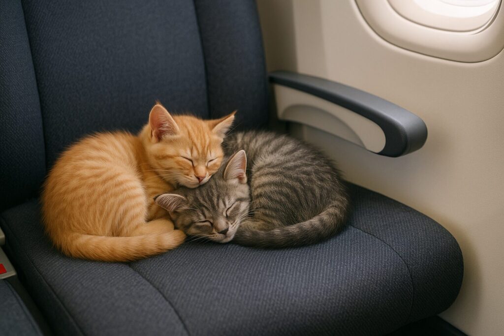 旅客機のシートで丸くなって眠る仔猫たち