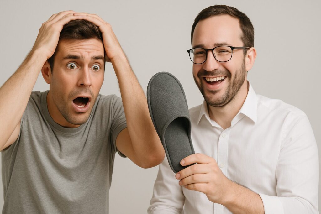 両手で頭をおさえて驚く男性と、スリッパを持って笑う男性