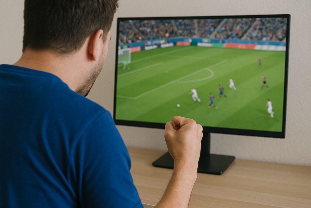 モニター画面を見てサッカーの試合を応援するサポーター