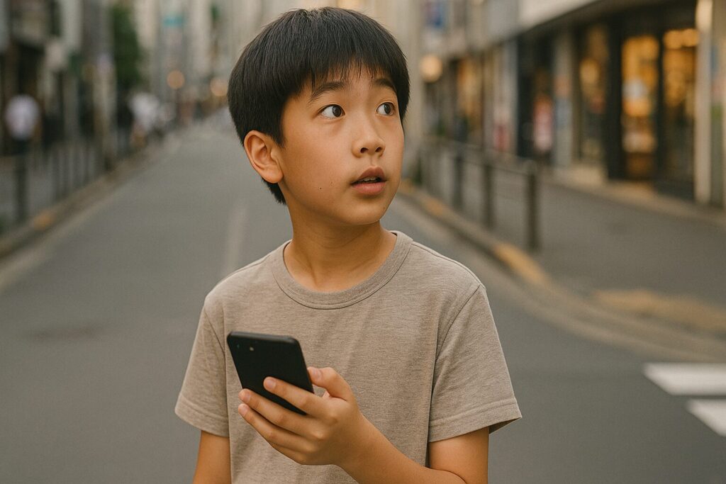 スマホを確認しながら、街中でキョロキョロする日本人の少年
