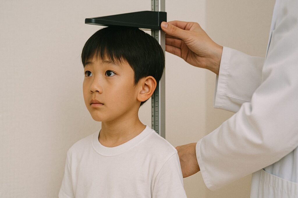 身体測定で身長を測られる少年