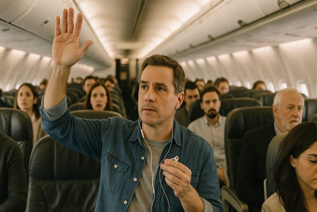 左手にイヤホンを持ち、右手をあげて質問しようとしている
旅客機の乗客
