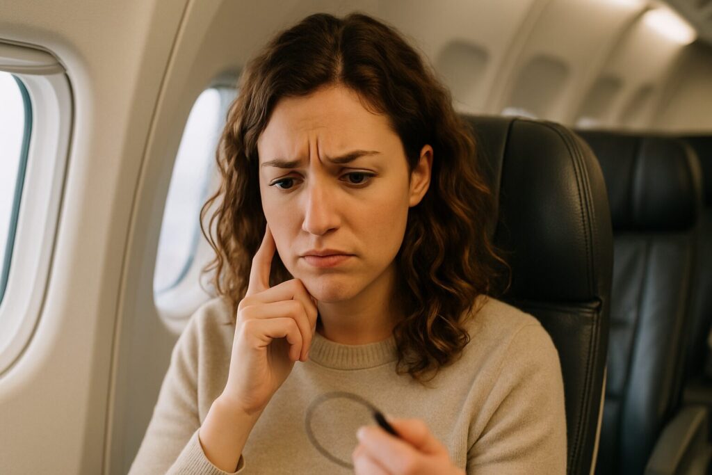 旅客機のシートで首をかしげて悩む女性の乗客
