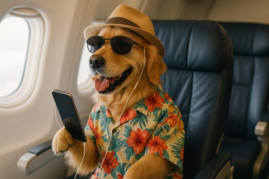 旅客機の座席でスマホをチェックするレトリバーの観光客