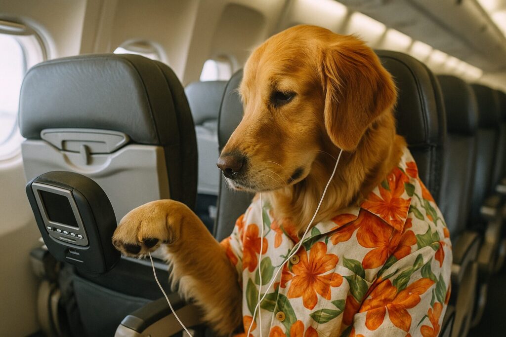旅客機のシートでイヤホンジャックをさがすレトリバーの乗客