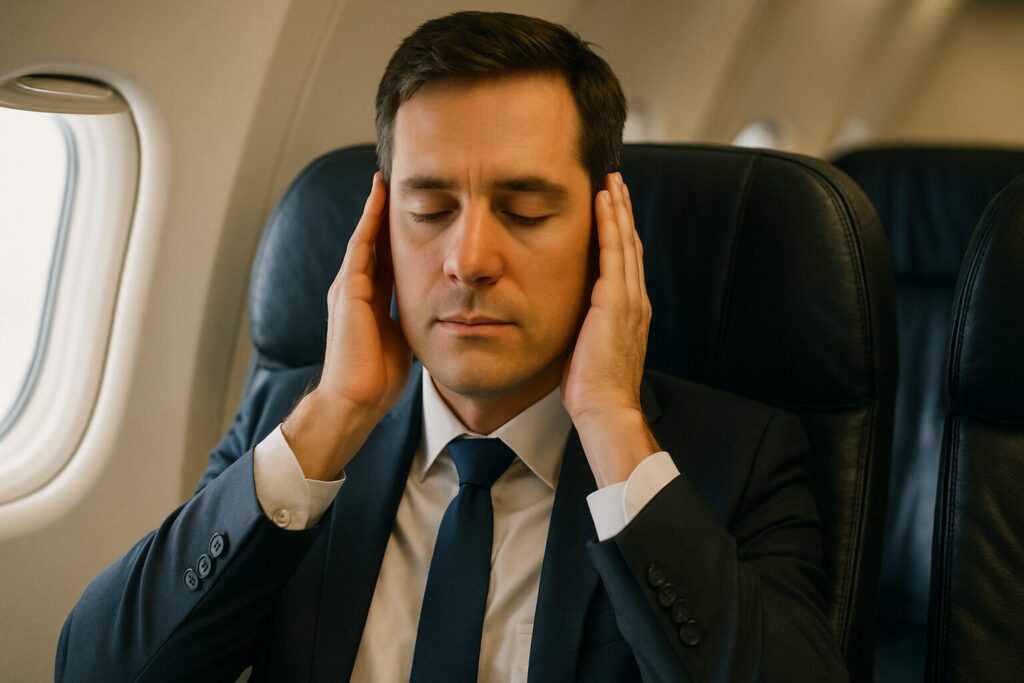 旅客機の座席で両手で耳をふさぎ瞑想するスーツの男性