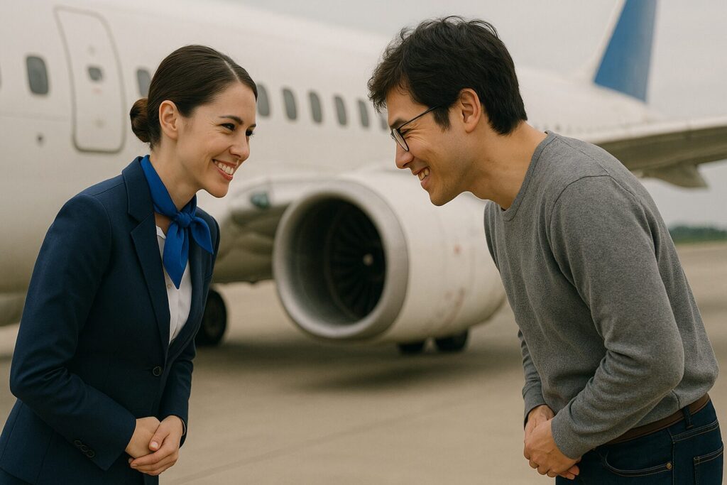 旅客機を背景に笑顔で互いにお辞儀をするCAと乗客