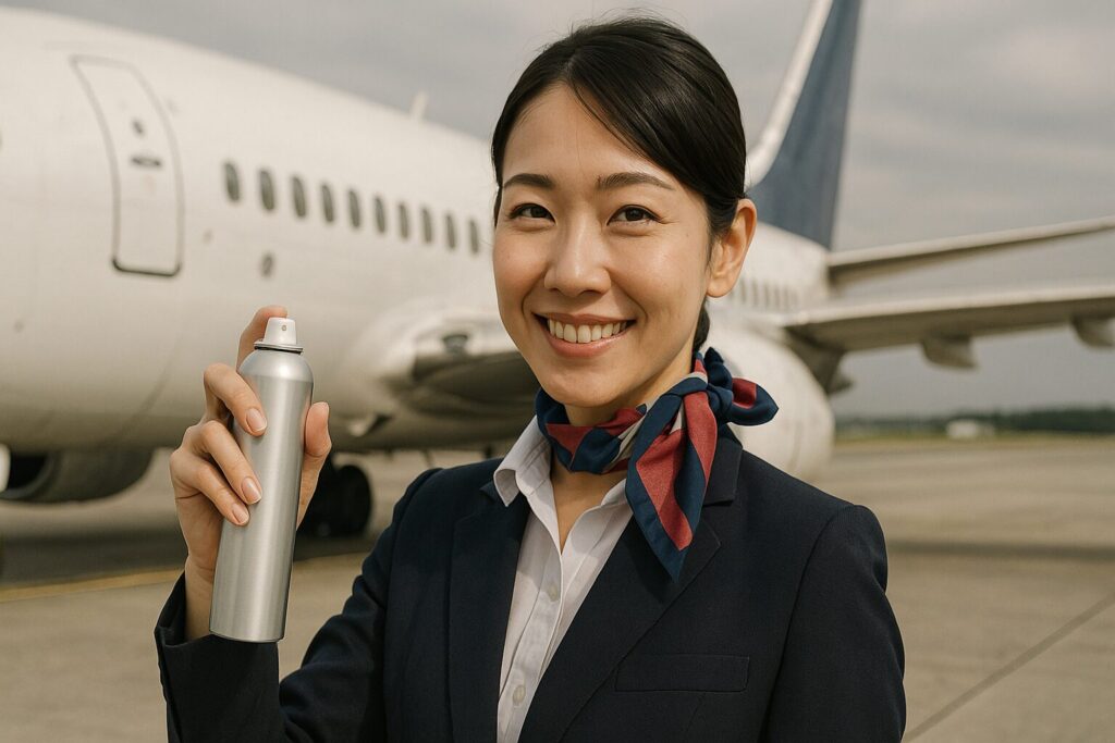 旅客機を背景に、ヘアスプレーを見せて微笑む日本人女性のCA