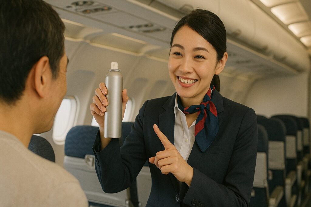 ヘアスプレーを見せて笑顔で乗客に説明する日本人女性のCA