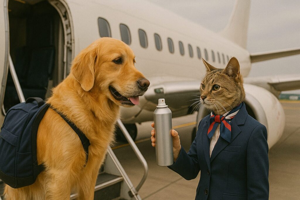 ヘアスプレーを見せて旅客機に乗り込もうとするレトリバーの乗客と確認をする猫のCA