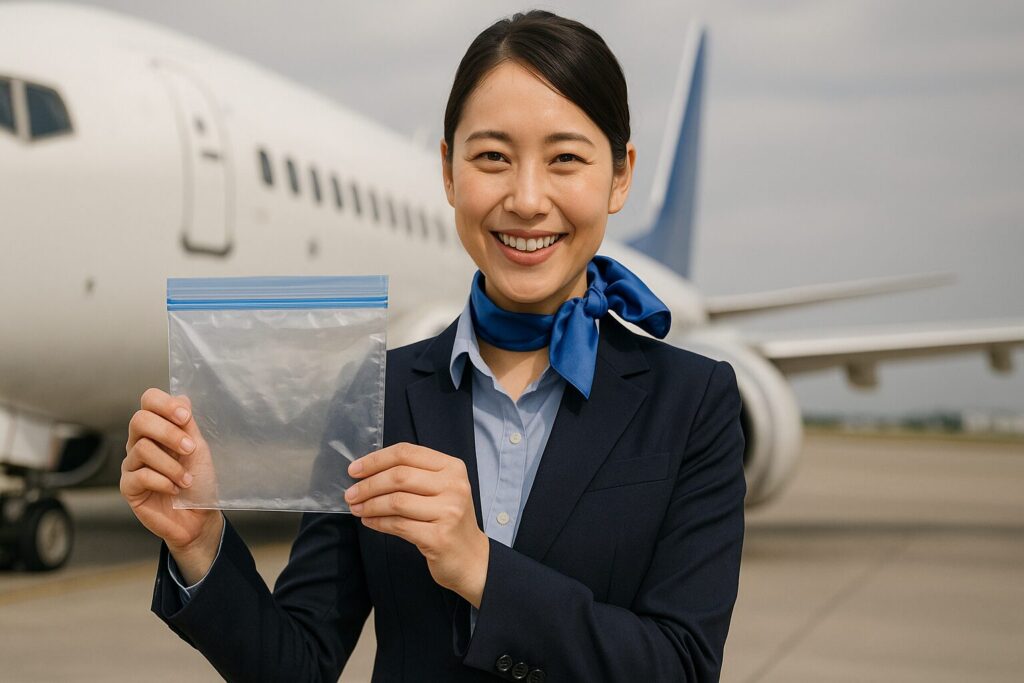 旅客機を背景に、両手でジップロックの袋を見せる笑顔の女性CA