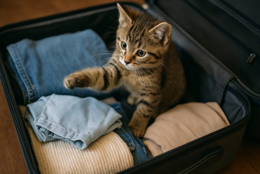 開いたスーツケースの中の荷物に猫パンチをする子猫