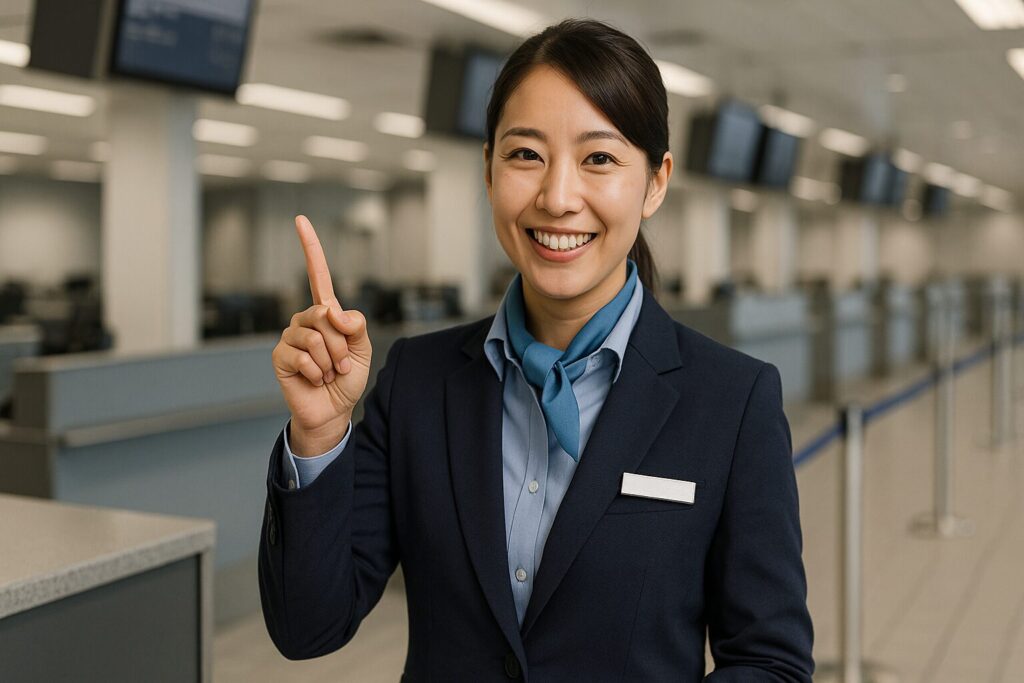 空港の預け荷物カウンターで人差し指を立てる笑顔の女性職員