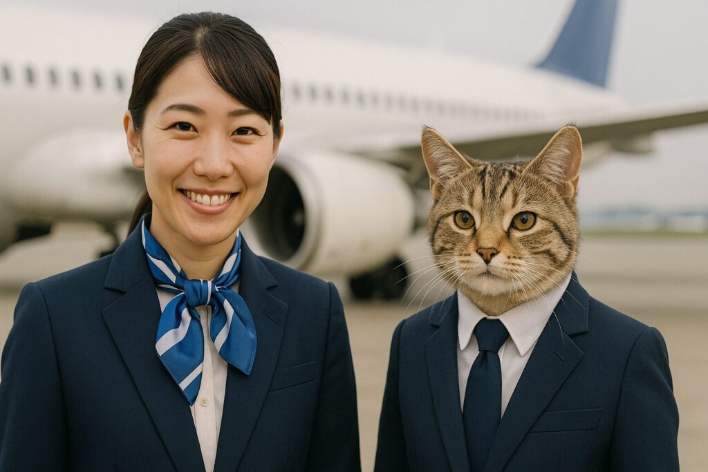旅客機を背景に微笑む日本人のCAと猫のCA
